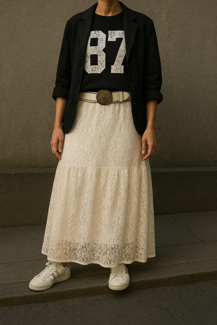 "87" Graphic Tee & Lace Maxi Skirt Set – Chic Urban Romance