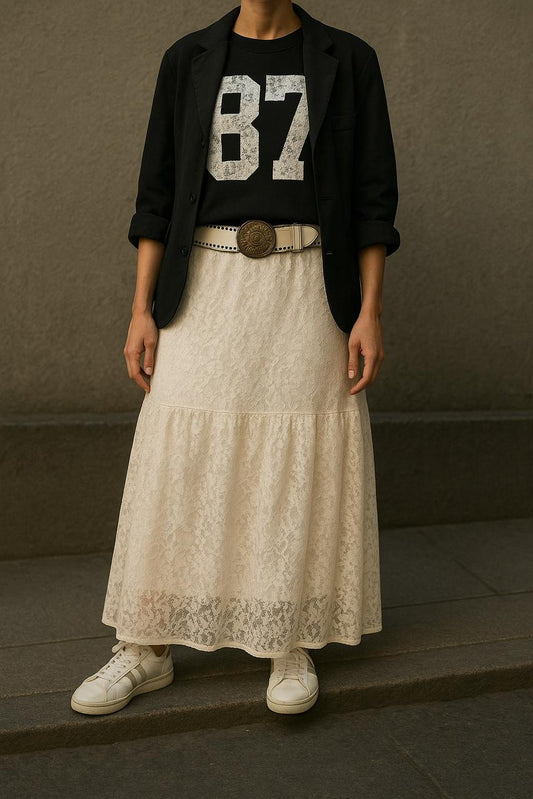 "87" Graphic Tee & Lace Maxi Skirt Set – Chic Urban Romance