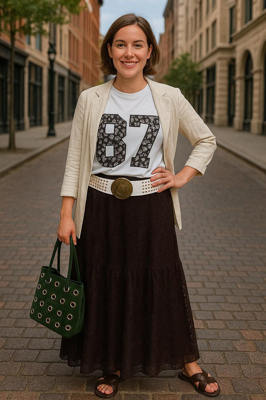 "87" Graphic Tee & Lace Maxi Skirt Set – Chic Urban Romance
